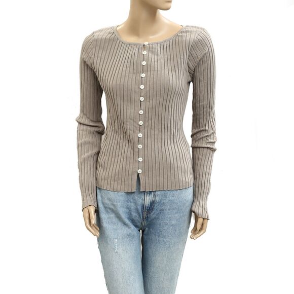 Free People Tilly Long-Sleeve Cardi Blouse Top Knit Ribbed Buttondown L 280561 - Picture 4 of 7